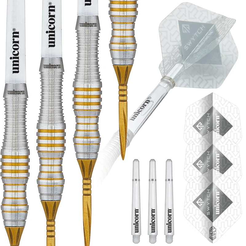 Unicorn Steel Tip Professional Darts Set | Swytch | 80% Natural Tungsten Barrels with Golden Accents & Golden Volute Converta Points | 24 g
