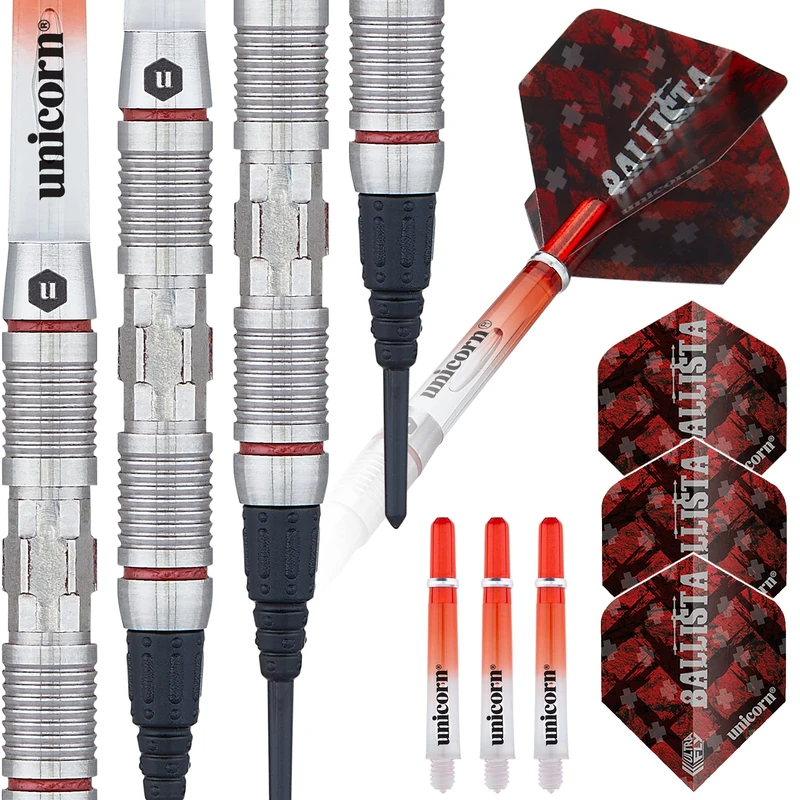 Unicorn Darts Set | Ballista Style 2 | 70% Natural Tungsten Barrels with Red Accents | Epic Soft Tips | 18 g