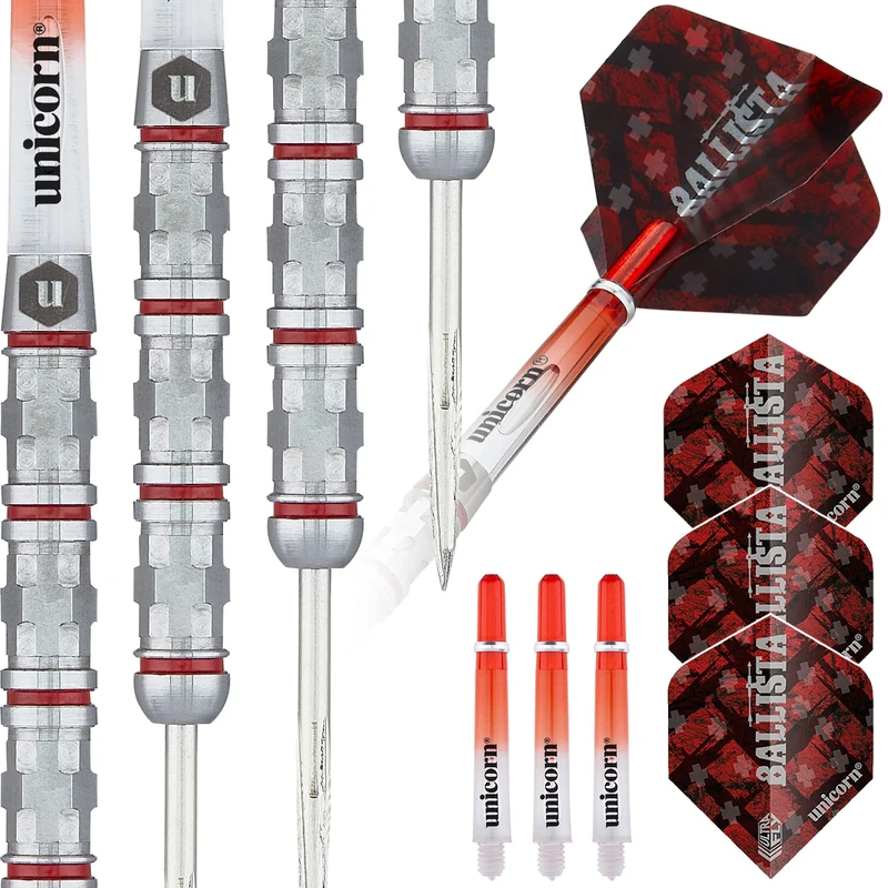 Unicorn Steel Tip Darts Set | Ballista Style 4 | 90% Natural Tungsten Barrels with Red Accents & Volute Points | 26 g