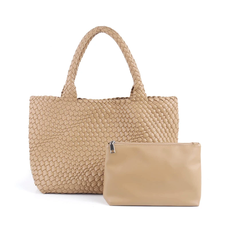 LMKIDS Woven Bag for Women, Vegan Leather Tote Bag Large Summer Beach Travel Handbag and Purse Retro Handmade Shoulder Bag, Khaki