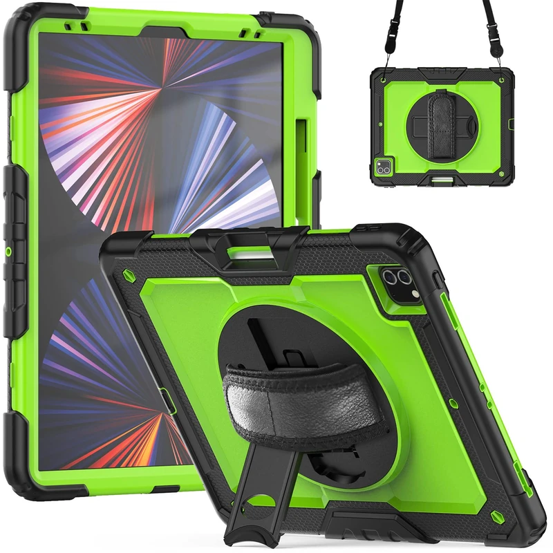 Case for iPad Pro 12.9 2021/2020/2018 with 360 Rotating Stand, Heavy Duty Shockproof Case with Pencil Holder Shoulder Strap for iPad Pro 12.9 5th/4th/3rd Generation,Yellow Green PC