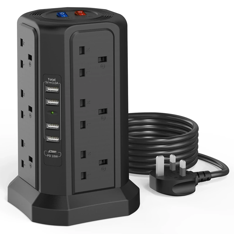 HAFINO 12-Outlet Tower Extension Lead 1.8M with 5 USB 18W USB-C
