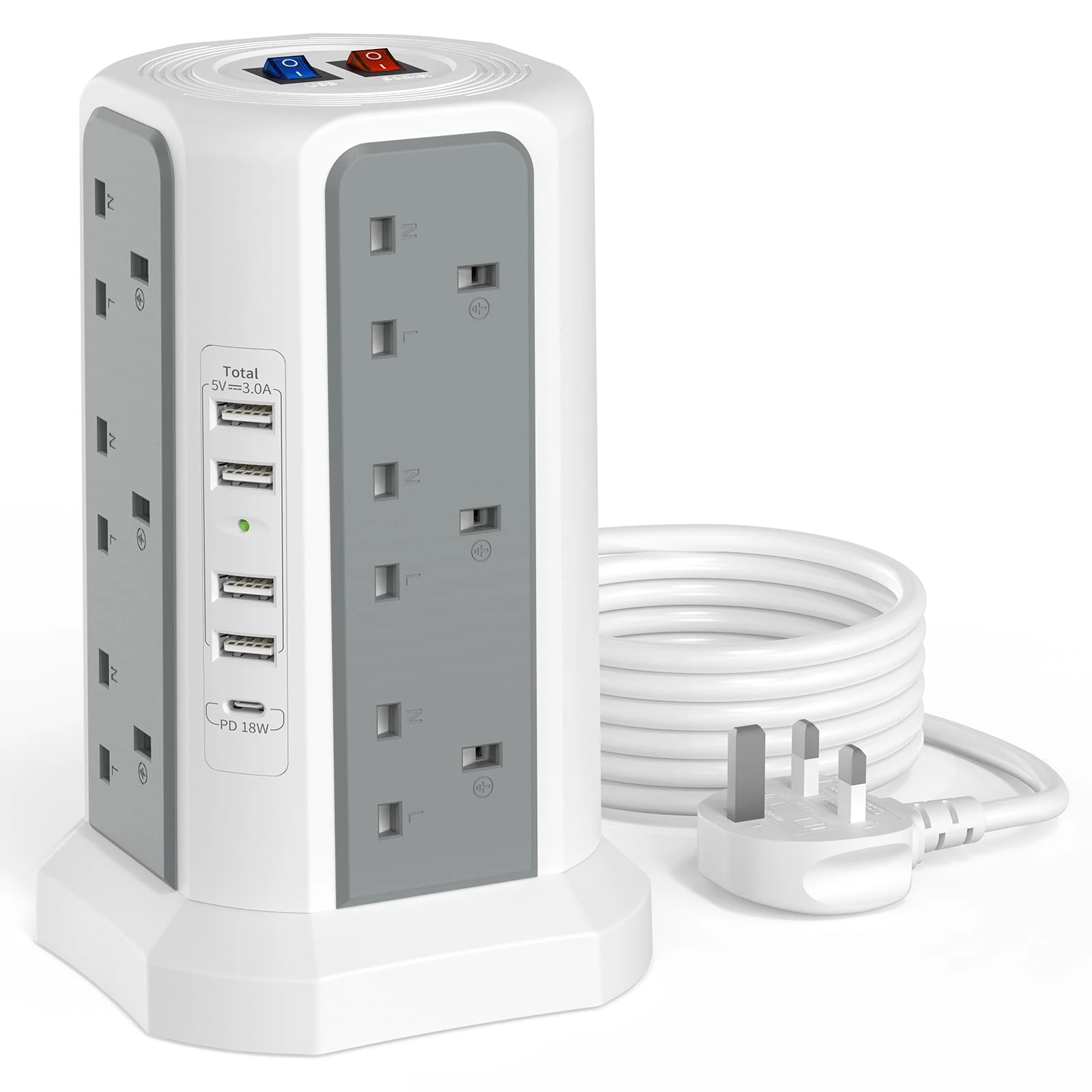 Tower Extension Lead with USB Slots and USB C Fast Charger, (13A 3250W) 5 USB Ports and 12 Way Extension Tower, Extension Cable for Home, Office (Gray and White, 1.8M)