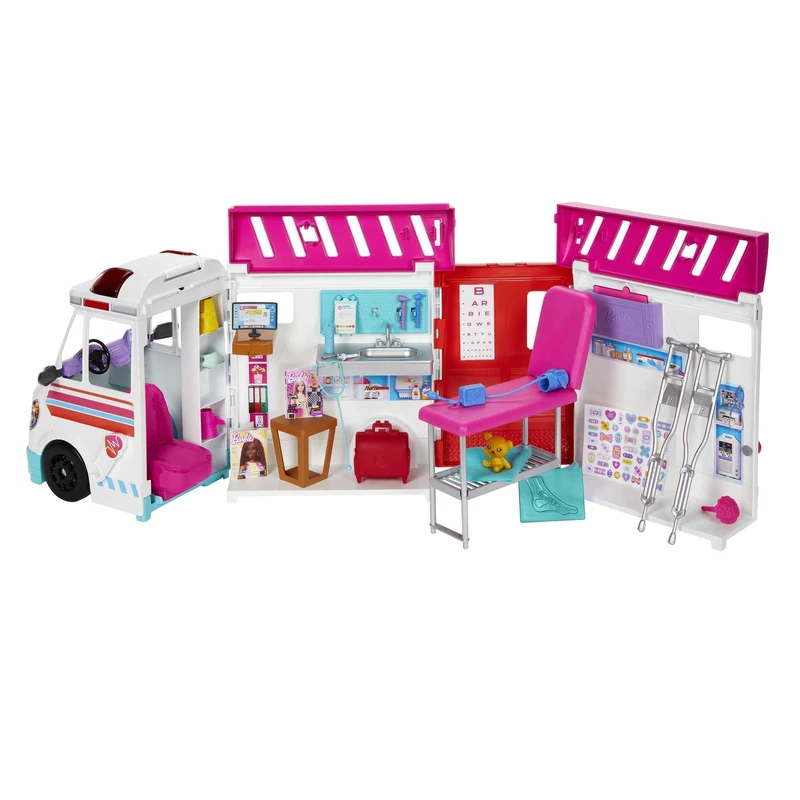 Barbie Ambulance and Hospital Playset, Emergency Vehicle with Lights and Sounds Transforms into Care Clinic, 20 Doll Accessories, Toys for Ages 3 and Up, One Barbie Vehicle, HKT79 - Image 1