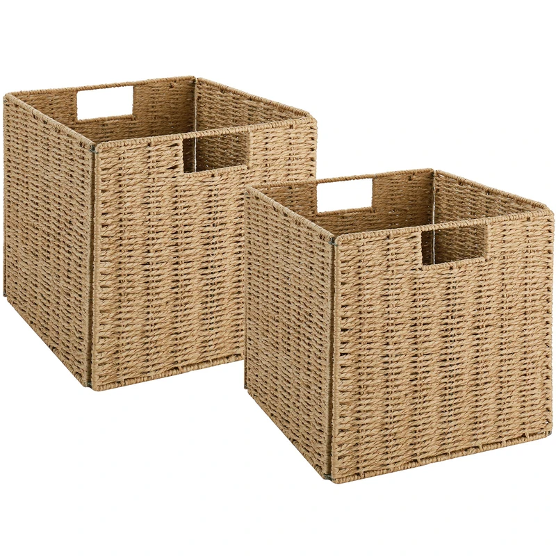 Vagusicc Wicker Storage Basket, Set of 2 Hand-Woven Storage Baskets for Shelves with Handles Foldable Cube Storage Baskets Bins, 9 inch Wicker Baskets for Pantry Bedroom Organizer &Decor, Natural