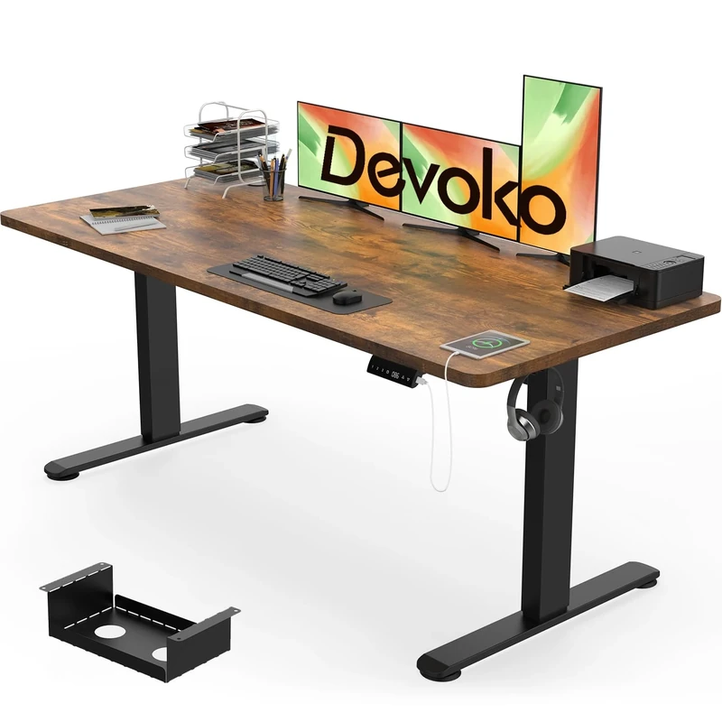 Devoko Electric Standing Desk 160x80cm, 18mm Thick Tabletop, Sit-Stand Height Adjustable with Sedentary Reminder, USB Charging Port, 3 Memory Smart Panel, Heavy-Duty Steel Frame (Rustic Brown)