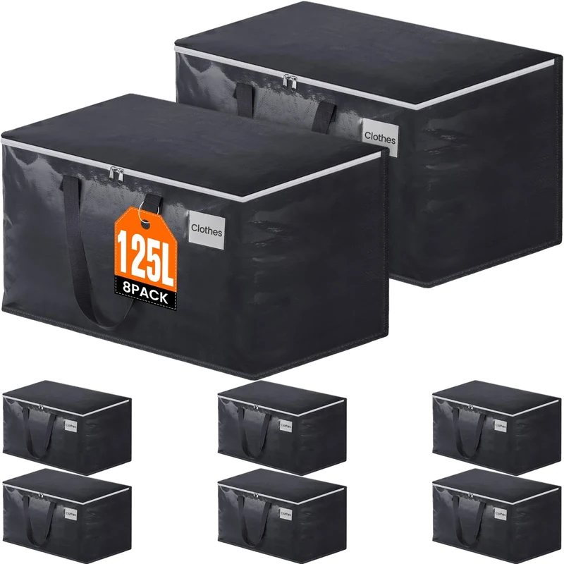 Fabspace Heavy Duty Moving Bags, Grey Polypropylene Rectangular Storage Bags with Strong Zippers, Collapsible & Stackable, 125L, 8 Pack