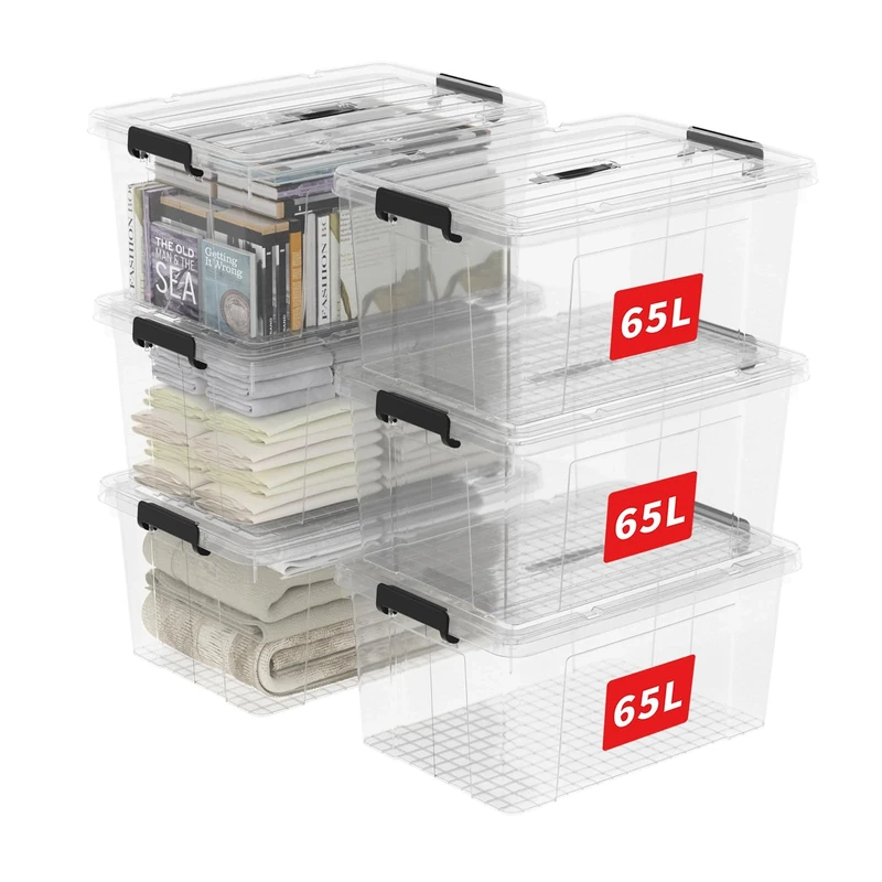 Cetomo 65L*6 Storage Boxes, Carry Plastic Storage Box with Lids, Clear Organizing Container with Handle and Secure Latches, Nestable & Stackable Tote Box for Home Office, 65L-6 Pack, Transparent