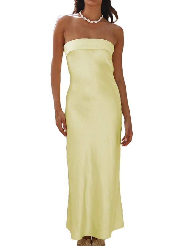 Realtix Satin Silk Backless Tube Tops Maxi Dress for Women Low Back Hollow Out Elegant Strapless Long Dresses Wedding Guest, Goose Yellow, L
