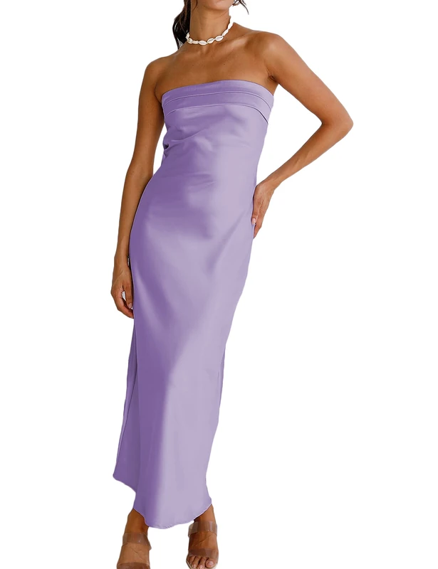 Realtix Satin Silk Backless Tube Tops Maxi Dress for Women Low Back Hollow Out Elegant Strapless Long Dresses Wedding Guest, Purple, XS