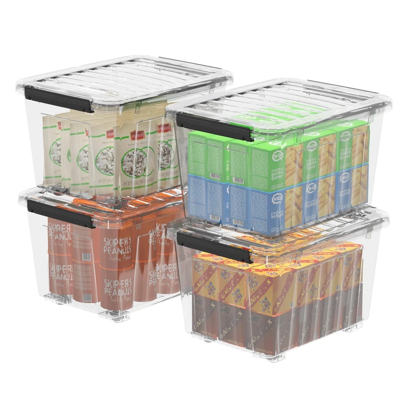 Cetomo 55L*4 Plastic Storage Boxes with Wheels, Lidded Storage Box with Secure Side Latches, PP Nestable and Stackable Clear Organizer for Home, Office, Moving, Transparent, 55L-4 Pack