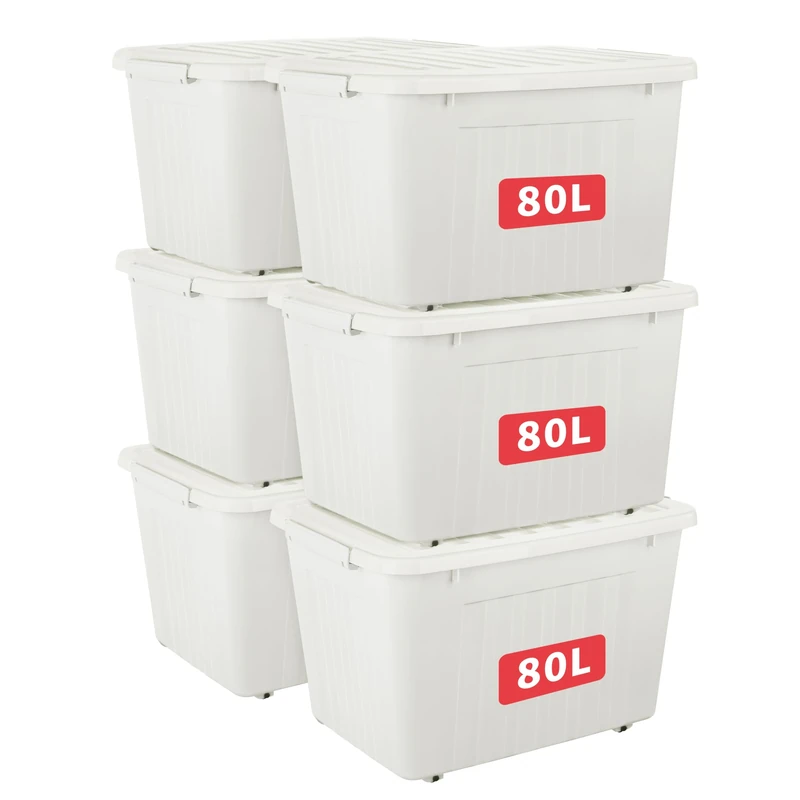 Cetomo 80L*6 Storage Boxes with Lids, Plastic Storage Box with Wheels and Secure Side Latches, Stackable & Nestable Organizer for Home, Office, Moving, PP, White, 80L-6 Pack