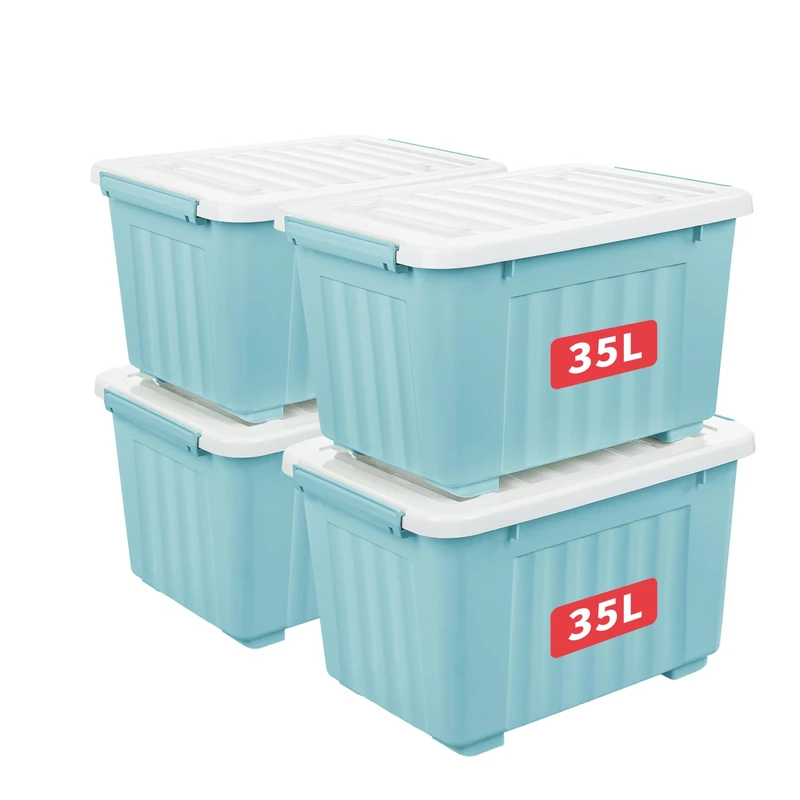 Cetomo 35L*4 Storage Boxes with Lids, Plastic Storage Box with Wheels and Secure Side Latches, Stackable & Nestable Organizer for Home, Office, Moving, PP, Blue, 35L-4 Pack