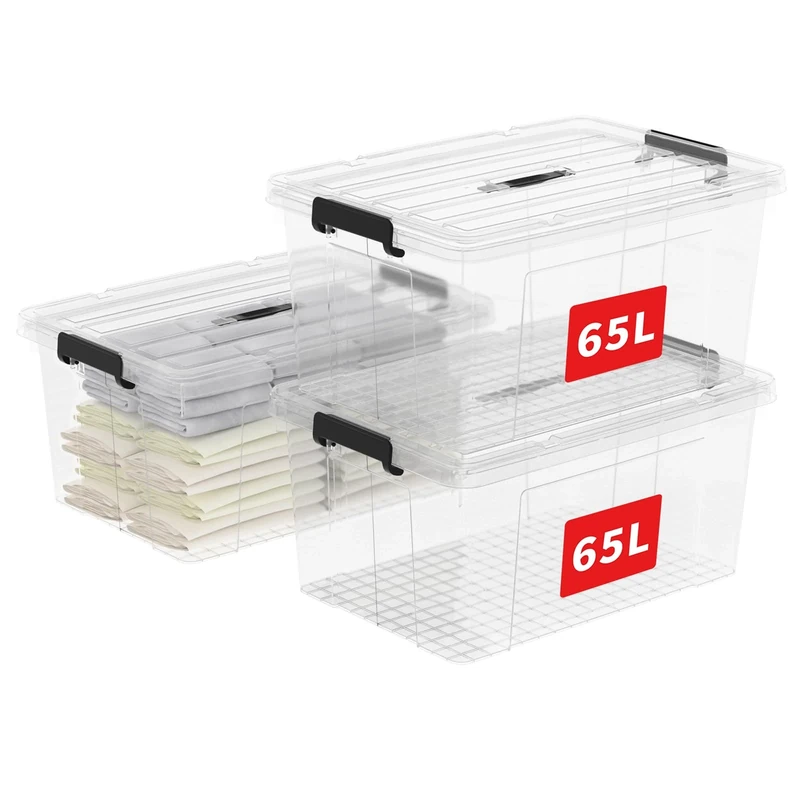 Cetomo 65L*3 Storage Boxes, Carry Plastic Storage Box with Lids, Clear Organizing Container with Handle and Secure Latches, Nestable & Stackable Tote Box for Home Office, 65L-3 Pack, Transparent