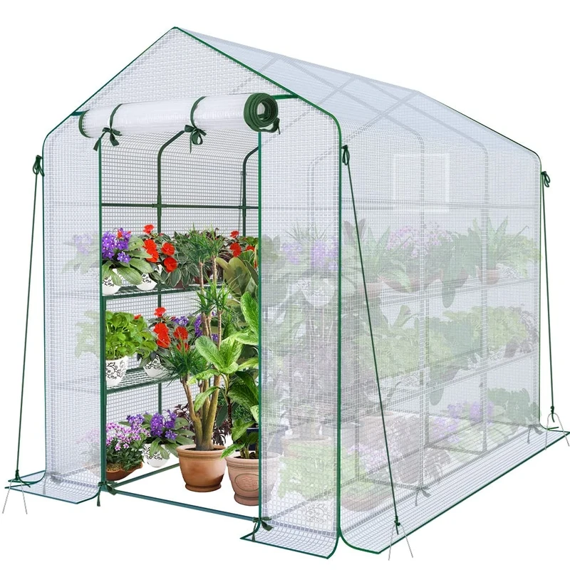 VOUNOT Walk In Greenhouse with Shelves, Roll up Zip Panel Door Garden Plastic Polytunnels Grow House for Outdoor Use, White 143x215x195cm