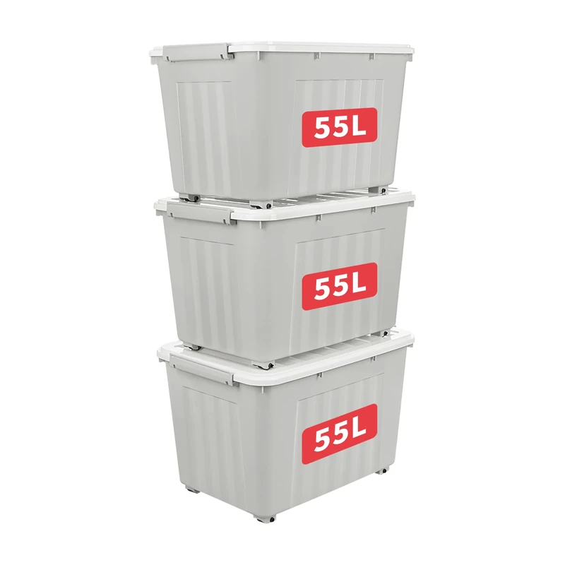 Cetomo 55L*3 Storage Boxes with Lids, Plastic Storage Box with Wheels and Secure Side Latches, Stackable & Nestable Organizer for Home, Office, Moving, PP, Gray, 55L-3 Pack