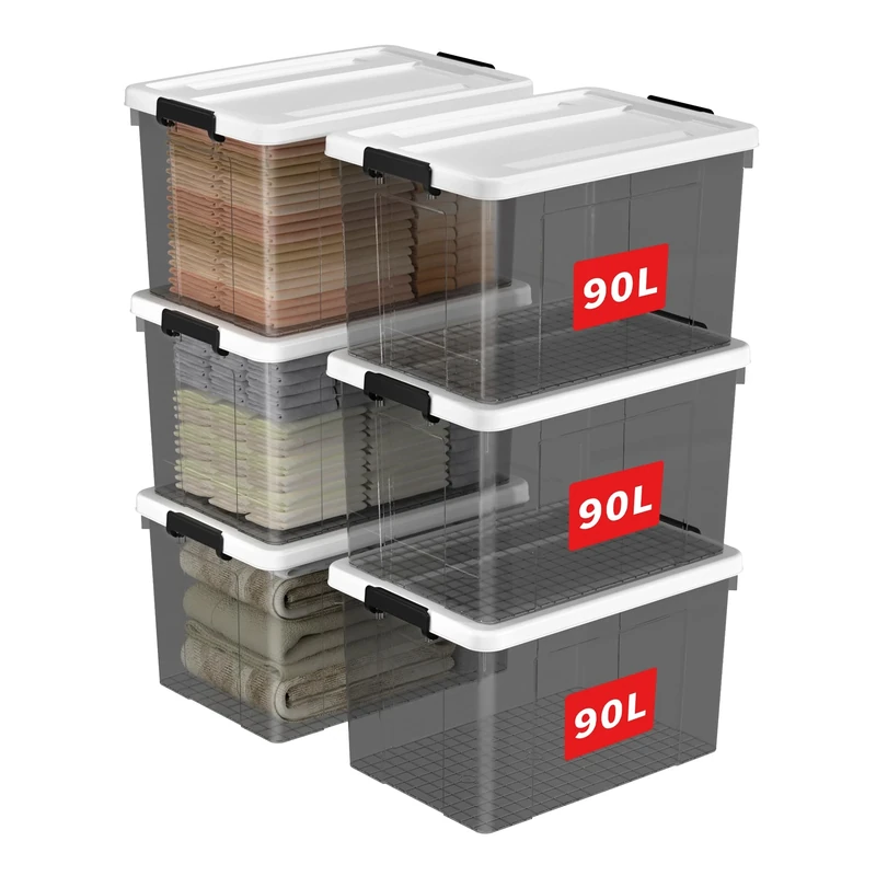 Cetomo 90L*6 Storage Boxes, Plastic Storage Box with Lids, Organizing Container with Secure Latching Buckles, Stackable, Nestable, Large Bin for Home Clothes, 90L-6Pack, Clear Black