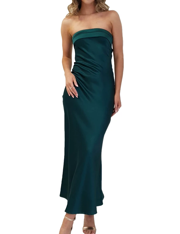 Realtix Satin Silk Backless Tube Tops Maxi Dress for Women Low Back Hollow Out Elegant Strapless Long Dresses Wedding Guest, Deep Green, S