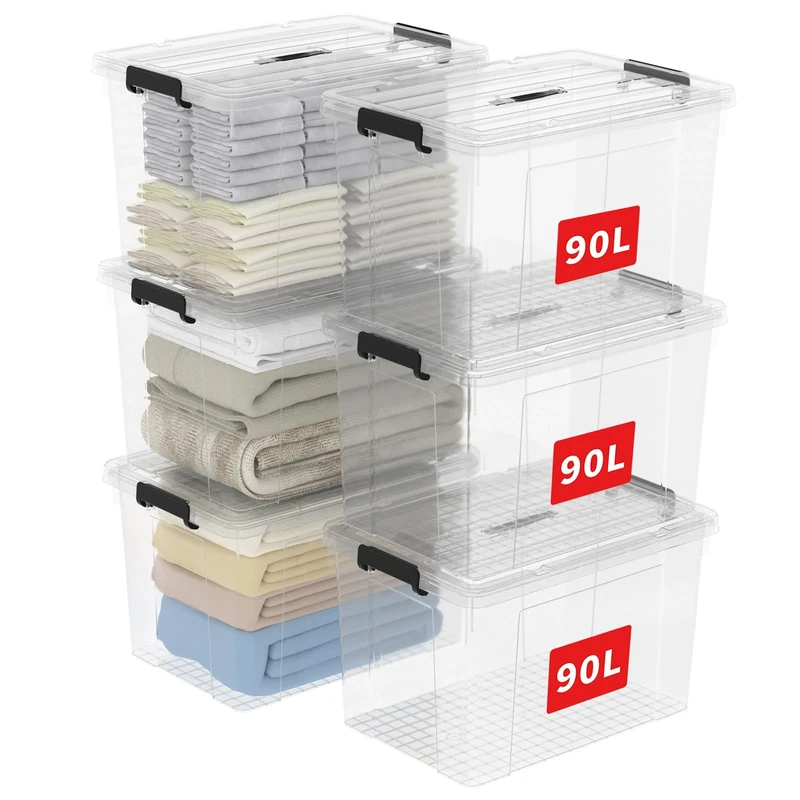 Cetomo 90L*6 Storage Boxes, Carry Plastic Storage Box with Lids, Clear Organizing Container with Handle and Secure Latches, Nestable & Stackable Tote Box for Home Office, 90L-6 Pack, Transparent