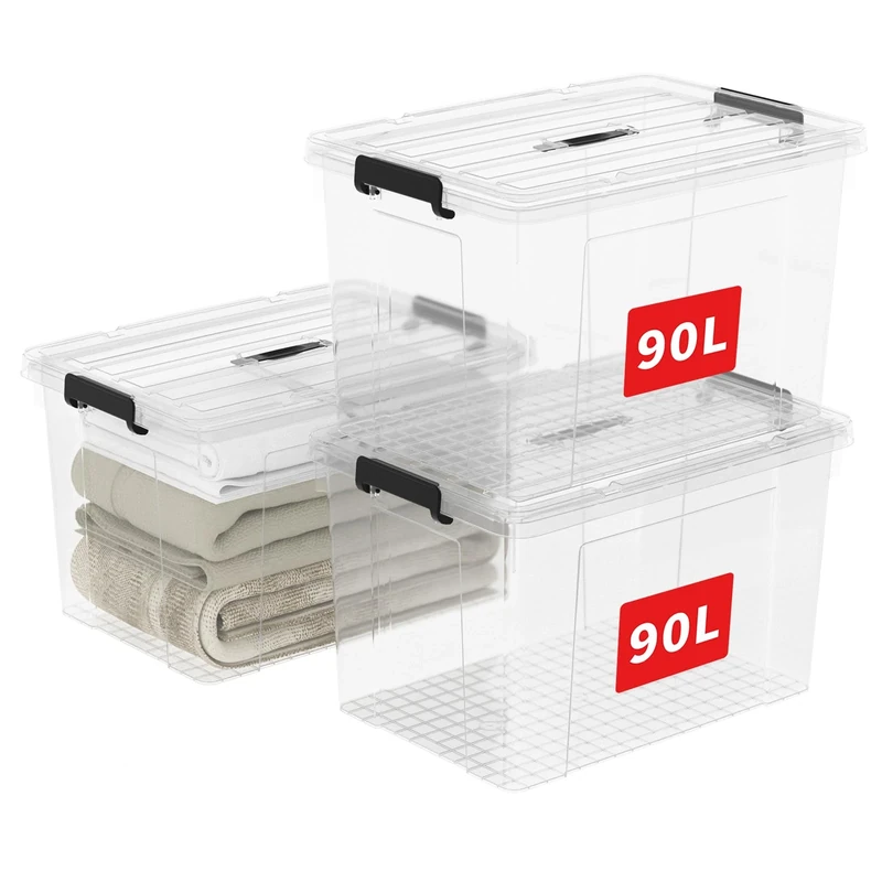Cetomo 90L*3 Storage Boxes, Carry Plastic Storage Box with Lids, Clear Organizing Container with Handle and Secure Latches, Nestable & Stackable Tote Box for Home Office, 90L-3 Pack, Transparent