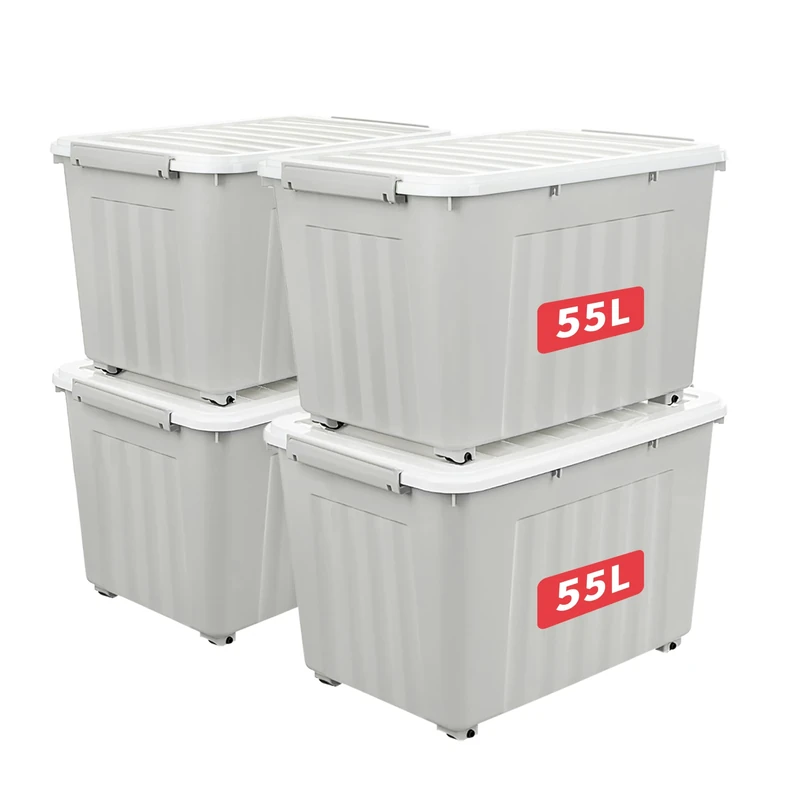 Cetomo 55L*4 Storage Boxes with Lids, Plastic Storage Box with Wheels and Secure Side Latches, Stackable & Nestable Organizer for Home, Office, Moving, PP, Gray, 55L-4 Pack