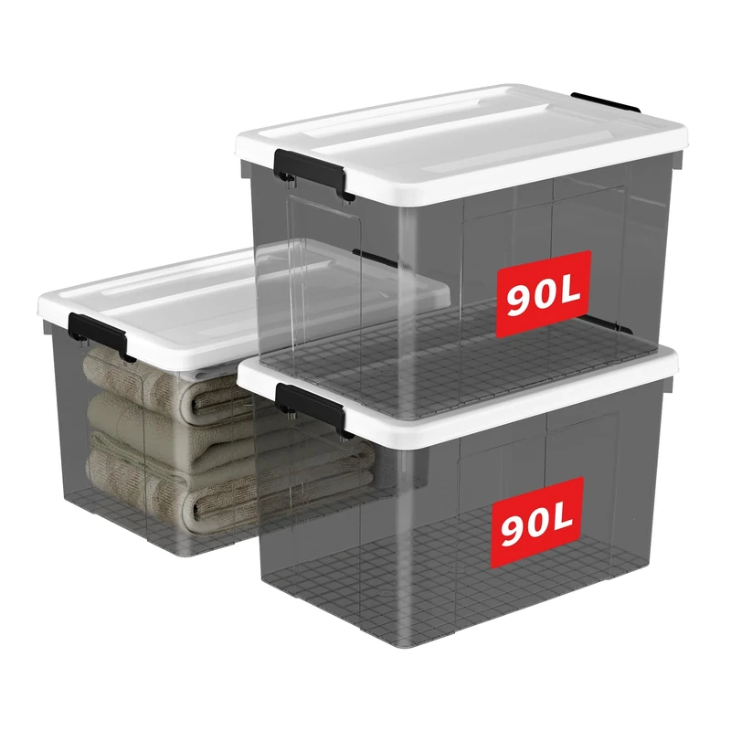 Cetomo 90L*3 Storage Boxes, Plastic Storage Box with Lids, Organizing Container with Secure Latching Buckles, Stackable, Nestable, Large Bin for Home Clothes, 90L-3Pack, Clear Black