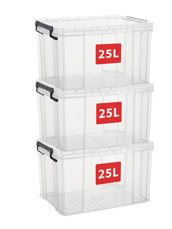 Cetomo 25L*3 Heavy-Duty Storage Boxes, Plastic Stackable Storage Box with Lids, Storage Bins with Reinforced Corners, Vertical Sides and Clip Closure, Durable, Sturdy, Transparent, 25L-3Pack