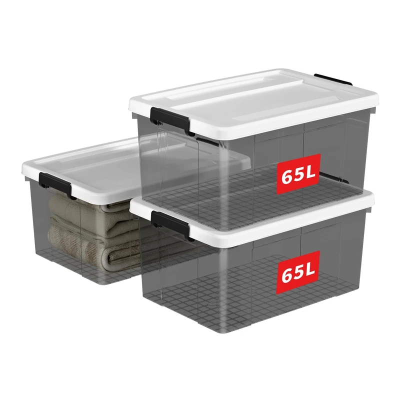 Cetomo 65L*3 Storage Boxes, Plastic Storage Box with Lids, Organizing Container with Secure Latching Buckles, Stackable, Nestable, Large Bin for Home Clothes, 65L-3Pack, Clear Black