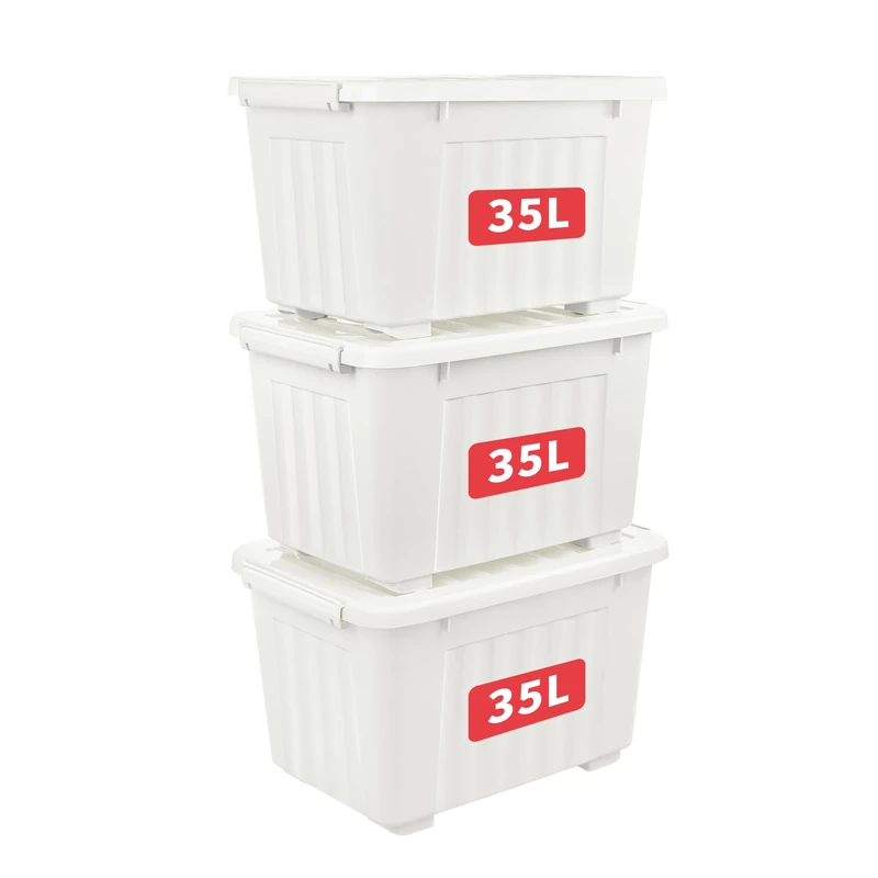 Cetomo 35L*3 Storage Boxes with Lids, Plastic Storage Box with Wheels and Secure Side Latches, Stackable & Nestable Organizer for Home, Office, Moving, PP, White, 35L-3 Pack