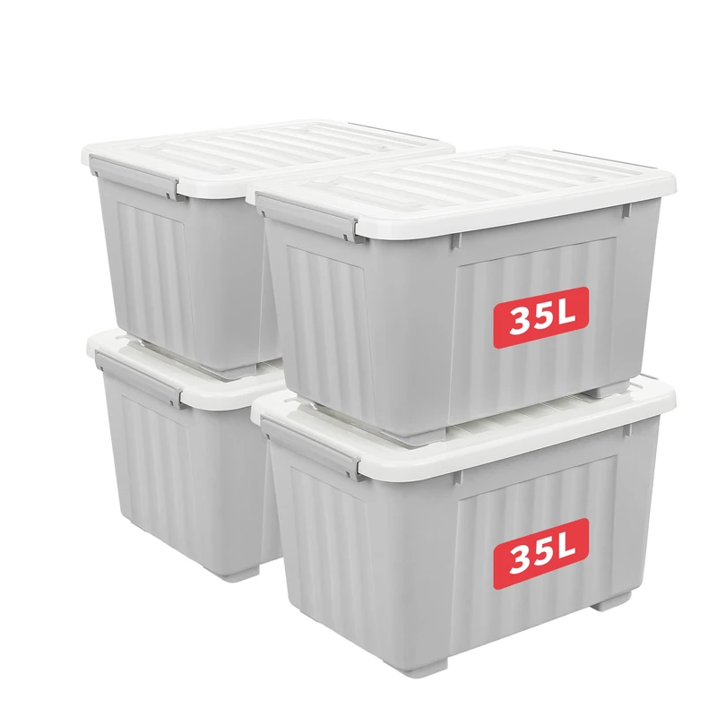 Cetomo 35L*4 Storage Boxes with Lids, Plastic Storage Box with Wheels and Secure Side Latches, Stackable & Nestable Organizer for Home, Office, Moving, PP, Gray, 35L-4 Pack