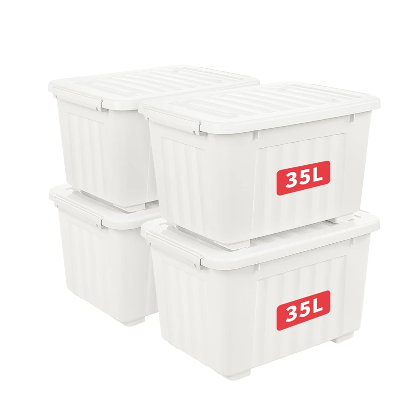 Cetomo 35L*4 Storage Boxes with Lids, Plastic Storage Box with Wheels and Secure Side Latches, Stackable & Nestable Organizer for Home, Office, Moving, PP, White, 35L-4 Pack