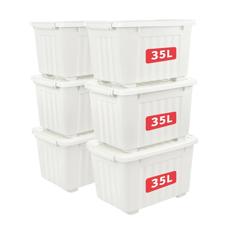Cetomo 35L*6 Storage Boxes with Lids, Plastic Storage Box with Wheels and Secure Side Latches, Stackable & Nestable Organizer for Home, Office, Moving, PP, White, 35L-6 Pack