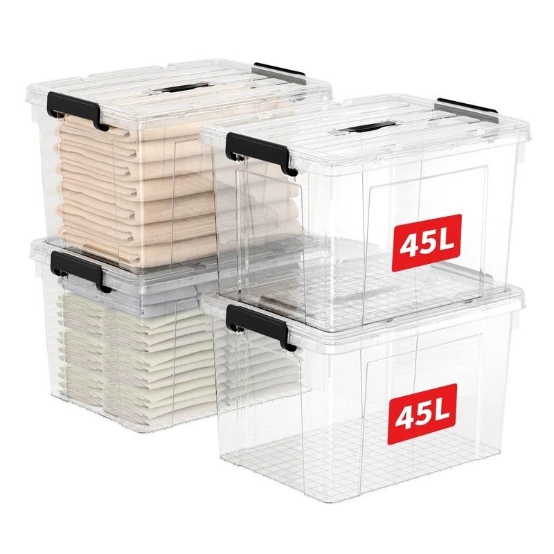 Cetomo 45L*4 Storage Boxes, Carry Plastic Storage Box with Lids, Clear Organizing Container with Handle and Secure Latches, Nestable & Stackable Tote Box for Home Office, 45L-4 Pack, Transparent