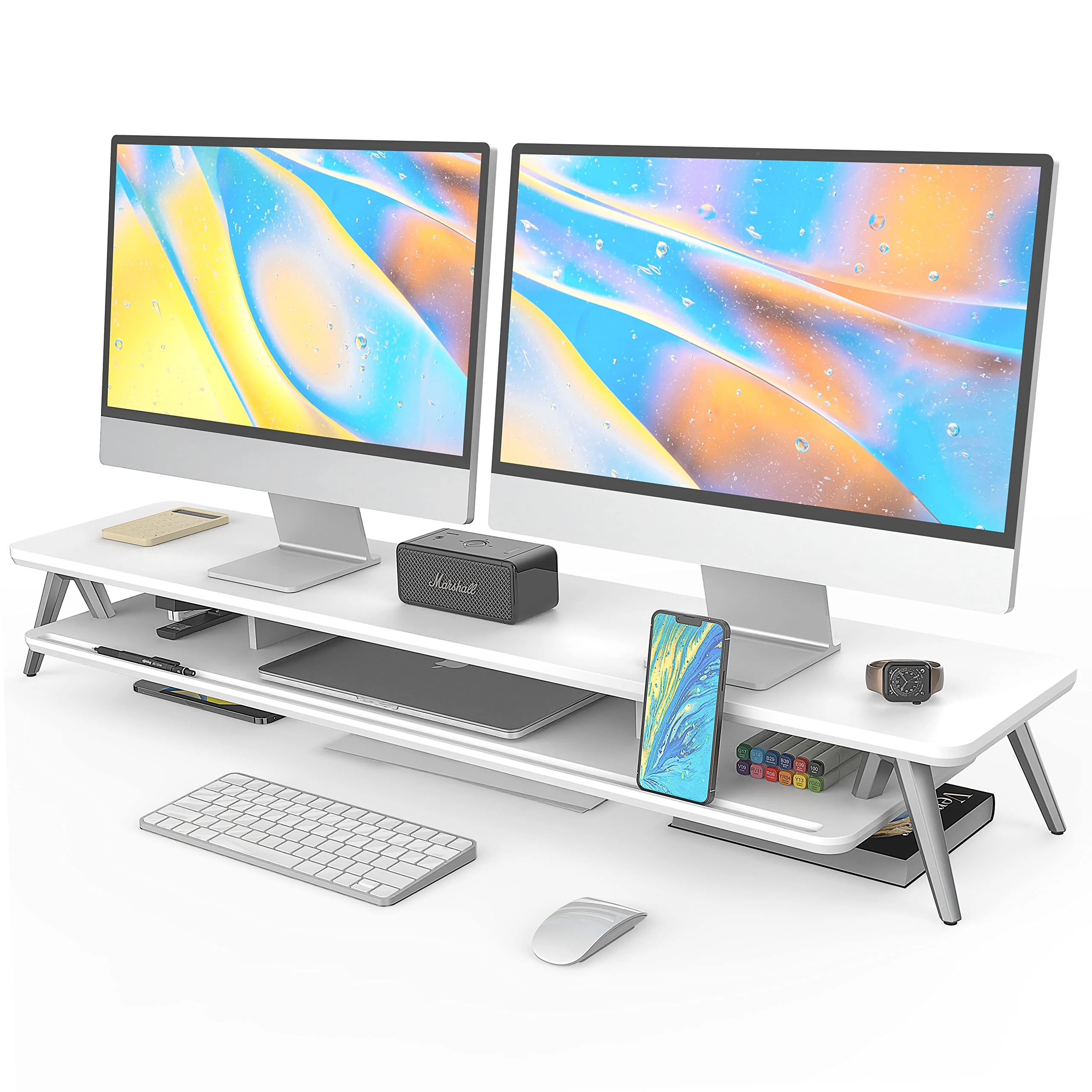 Fenge Dual Monitor Stand, Monitor Stands Riser for 2 monitors, 42.5 Inch Wood Desk Shelf with Storage Organizer and Cable Management for Office Desk Accessories White