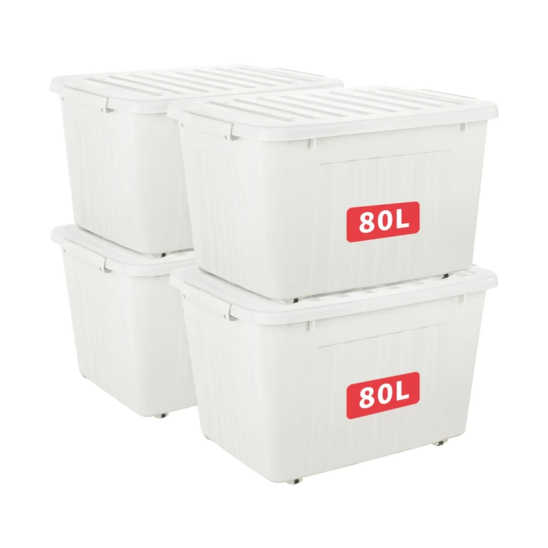 Cetomo 80L*4 Storage Boxes with Lids, Plastic Storage Box with Wheels and Secure Side Latches, Stackable & Nestable Organizer for Home, Office, Moving, PP, White, 80L-4 Pack
