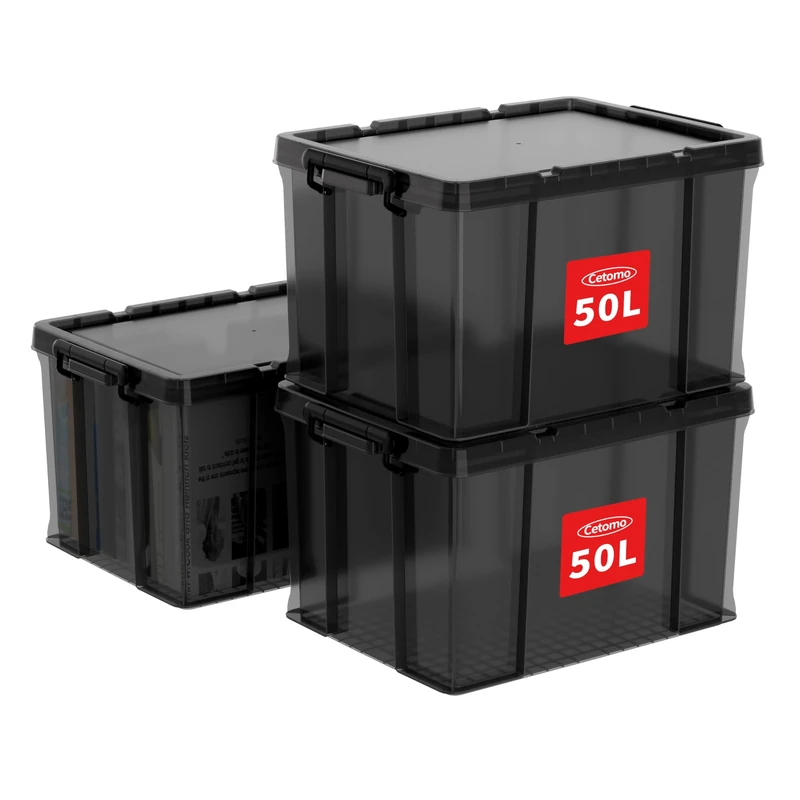 Cetomo 50L*3 Heavy-Duty Storage Boxes, Plastic Stackable Storage Box with Lids, Storage Bins with Reinforced Corners, Vertical Sides and Clip Closure, Durable, Sturdy, Transparent Black, 50L-3Pack