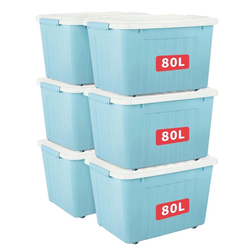 Cetomo 80L*6 Storage Boxes with Lids, Plastic Storage Box with Wheels and Secure Side Latches, Stackable & Nestable Organizer for Home, Office, Moving, PP, Blue, 80L-6 Pack
