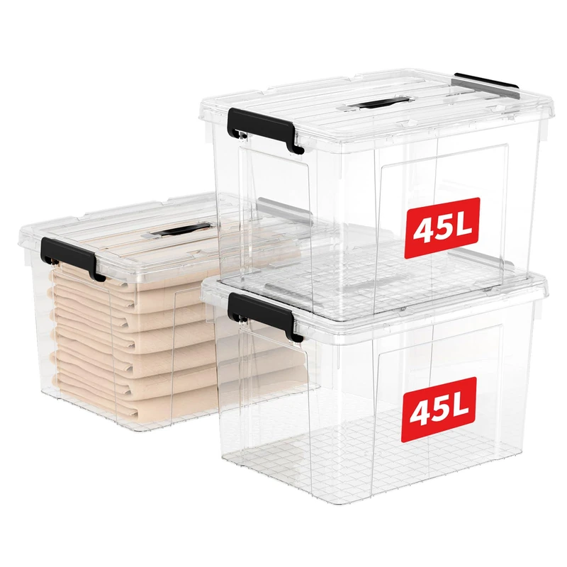 Cetomo 45L*3 Storage Boxes, Carry Plastic Storage Box with Lids, Clear Organizing Container with Handle and Secure Latches, Nestable & Stackable Tote Box for Home Office, 45L-3 Pack, Transparent