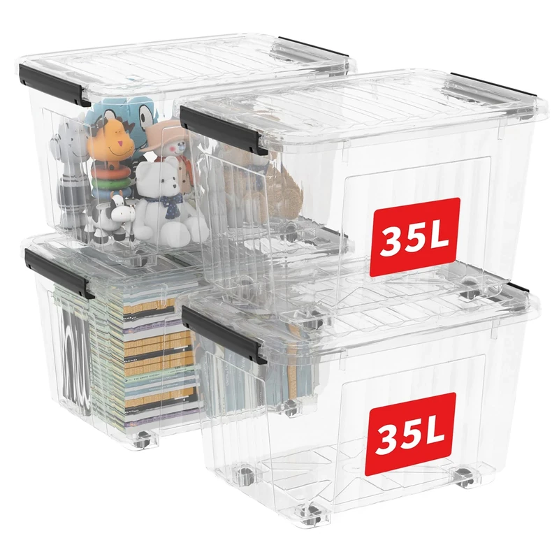Cetomo 35L*4 Plastic Storage Boxes with Wheels, Lidded Storage Box with Secure Side Latches, PP Nestable and Stackable Clear Organizer for Home, Office, Moving, Transparent, 35L-4 Pack