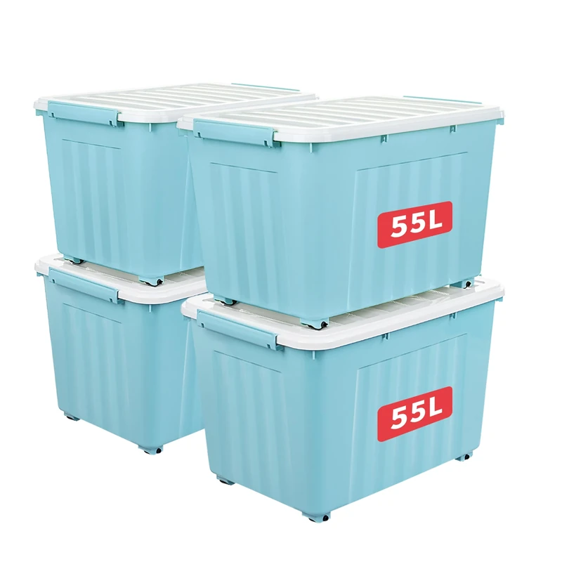 Cetomo 55L*4 Storage Boxes with Lids, Plastic Storage Box with Wheels and Secure Side Latches, Stackable & Nestable Organizer for Home, Office, Moving, PP, Blue, 55L-4 Pack