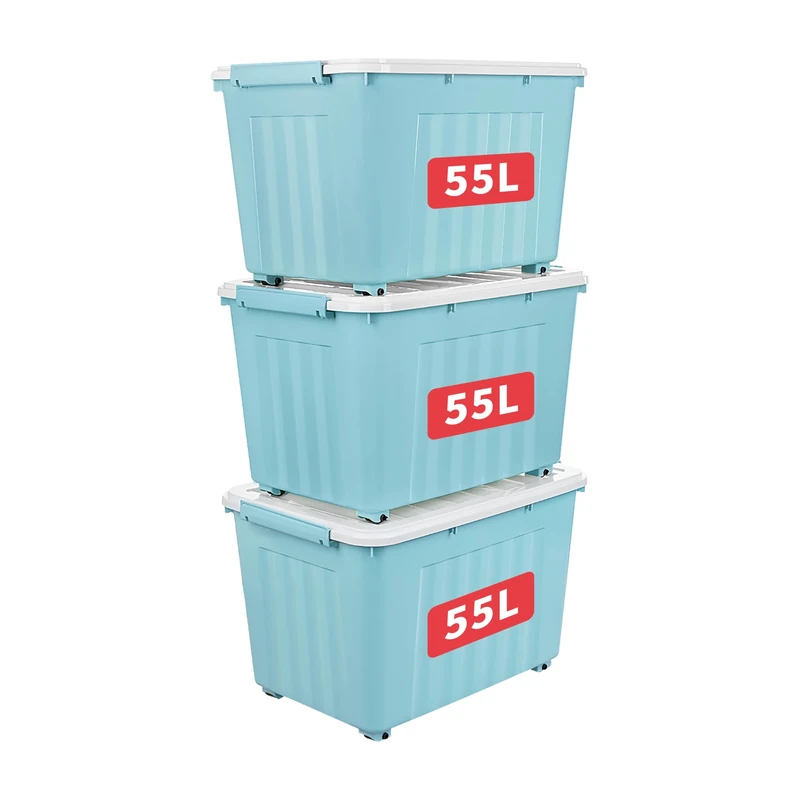 Cetomo 55L*3 Storage Boxes with Lids, Plastic Storage Box with Wheels and Secure Side Latches, Stackable & Nestable Organizer for Home, Office, Moving, PP, Blue, 55L-3 Pack