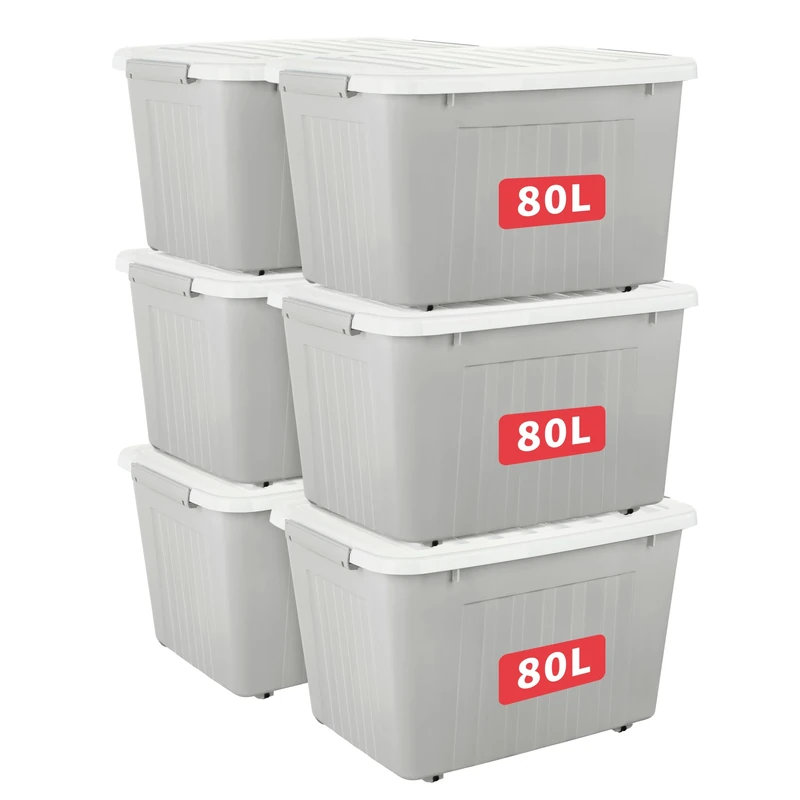 Cetomo 80L*6 Storage Boxes with Lids, Plastic Storage Box with Wheels and Secure Side Latches, Stackable & Nestable Organizer for Home, Office, Moving, PP, Gray, 80L-6 Pack