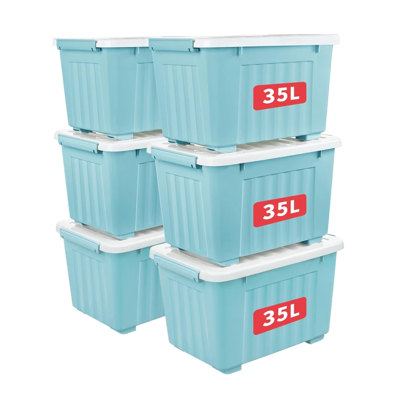 Cetomo 35L*6 Storage Boxes with Lids, Plastic Storage Box with Wheels and Secure Side Latches, Stackable & Nestable Organizer for Home, Office, Moving, PP, Blue, 35L-6 Pack