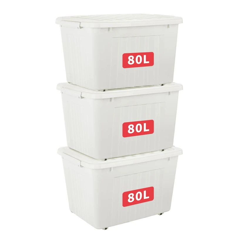 Cetomo 80L*3 Storage Boxes with Lids, Plastic Storage Box with Wheels and Secure Side Latches, Stackable & Nestable Organizer for Home, Office, Moving, PP, White, 80L-3 Pack