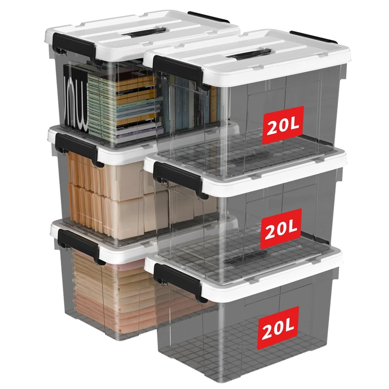Cetomo 20L*6 Storage Boxes, Carry Plastic Storage Box with Lids, Organizing Container with Handle and Secure Latching Buckles, Stackable, Nestable, Tote Bin for Home Clothes, 20L-6Pack, Clear Black