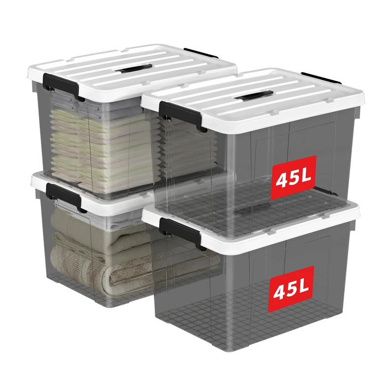 Cetomo 45L*4 Storage Boxes, Carry Plastic Storage Box with Lids, Organizing Container with Handle and Secure Latching Buckles, Stackable, Nestable, Tote Bin for Home Clothes, 45L-4Pack, Clear Black