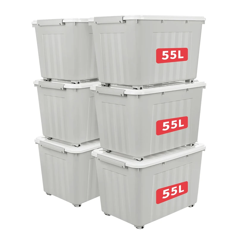Cetomo 55L*6 Storage Boxes with Lids, Plastic Storage Box with Wheels and Secure Side Latches, Stackable & Nestable Organizer for Home, Office, Moving, PP, Gray, 55L-6 Pack