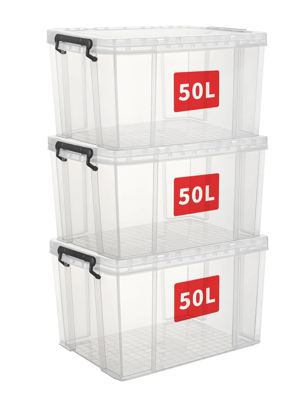 Cetomo 50L*3 Heavy-Duty Storage Boxes, Plastic Stackable Storage Box with Lids, Storage Bins with Reinforced Corners, Vertical Sides and Clip Closure, Durable, Sturdy, Transparent, 50L-3Pack