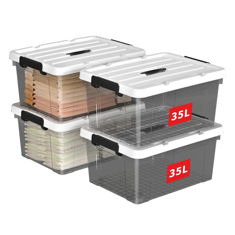 Cetomo 35L*4 Storage Boxes, Carry Plastic Storage Box with Lids, Organizing Container with Handle and Secure Latching Buckles, Stackable, Nestable, Tote Bin for Home Clothes, 35L-4Pack, Clear Black