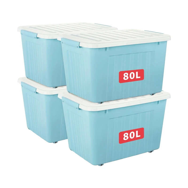 Cetomo 80L*4 Storage Boxes with Lids, Plastic Storage Box with Wheels and Secure Side Latches, Stackable & Nestable Organizer for Home, Office, Moving, PP, Blue, 80L-4 Pack